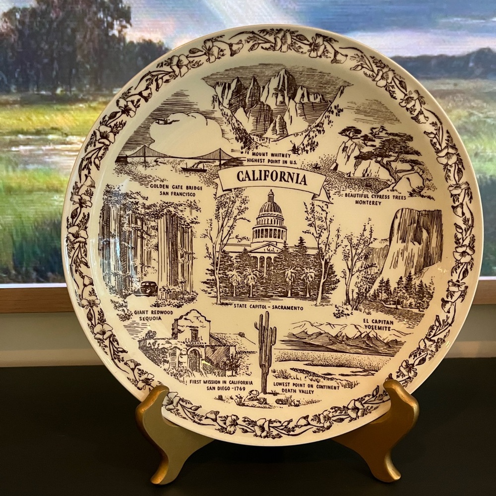 Vernon Kilns California Souvenir Plate with area Scenes Brown Transferware